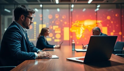 Business meeting, laptop, digital network overlay, empty space, communication, data