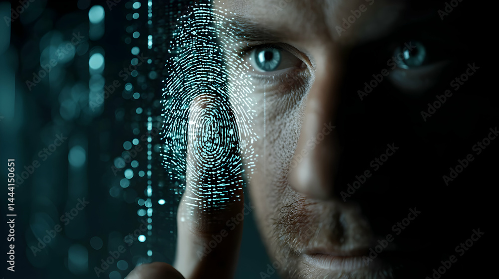 Poster digital fingerprint scan over a man's face.