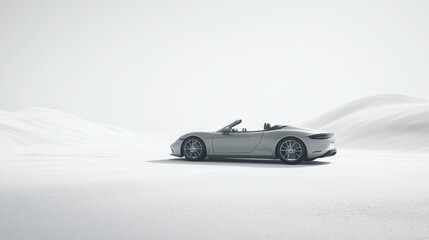 Fototapeta premium A sleek convertible car parked in a minimalist landscape of white sand.