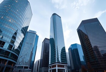 Fototapeta premium Calgary's modern skyscrapers, vertical wide angle, empty space, business, metropolis