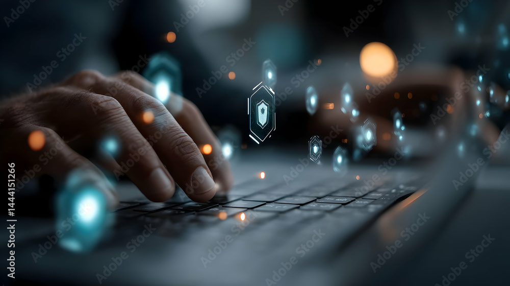 Poster close-up view of hands typing on a laptop with abstract security symbols.