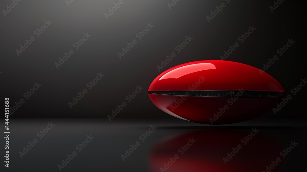 Poster a sleek red device on a reflective surface with a dark background highlighting its design.