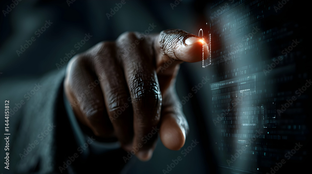 Poster close-up view of a hand interacting with a digital interface.