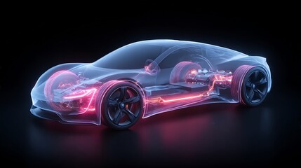 Electric automobile futuristic transparent design showcasing internal components
