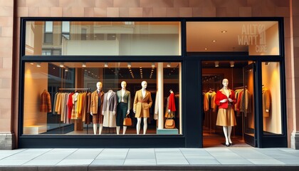 Chic boutique storefront, stylish window display, clothing mannequins, vector illustration, signage, shopfront