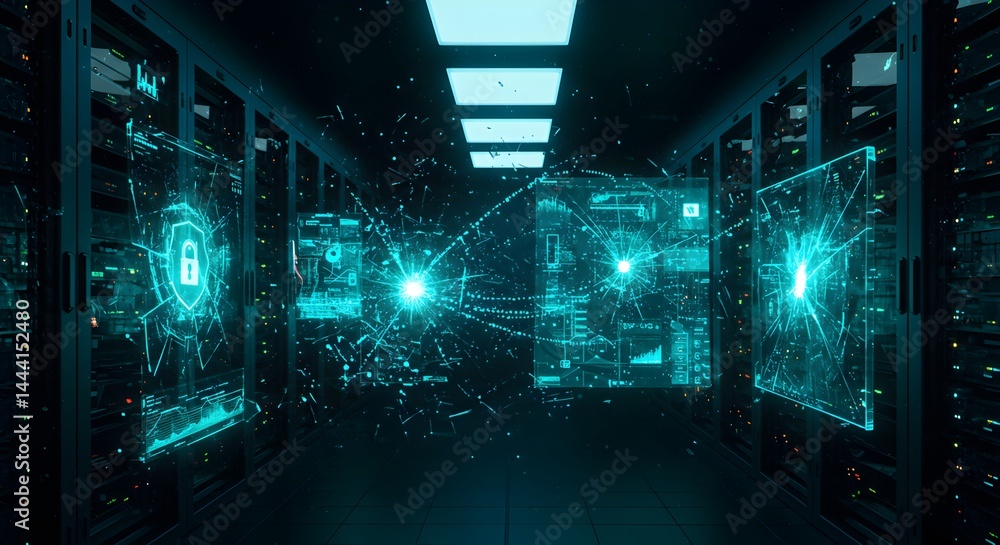 Poster futuristic data center network security and cyber protection in a high-tech server room