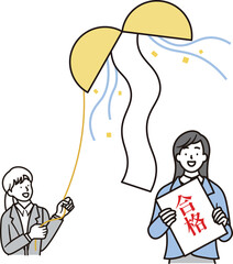 合格通知を持って笑顔で喜んでいる女子高校生とくす玉のシンプルな上半身のイラスト素材