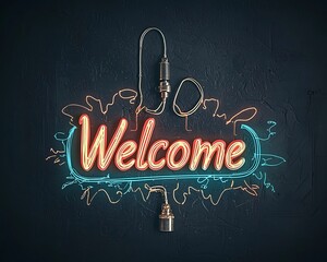 Neon welcome sign on dark wall