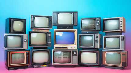 Stack of vintage television sets against a vibrant gradient background