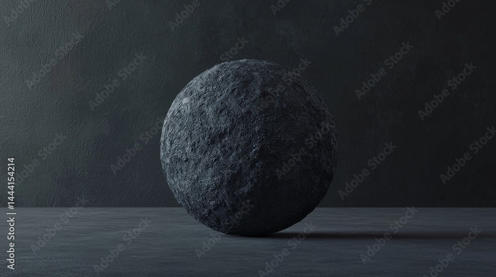 Poster a textured stone sphere on a dark background, emphasizing simplicity and elegance.