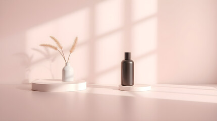 Black shampoo bottle and pampas grass on minimal pink podiums