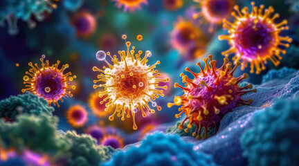Colorful, detailed illustration of viruses or microbes under a microscope in a vibrant, cellular environment.