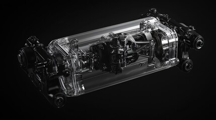 A transparent model of an advanced automotive engine showcasing intricate mechanics.