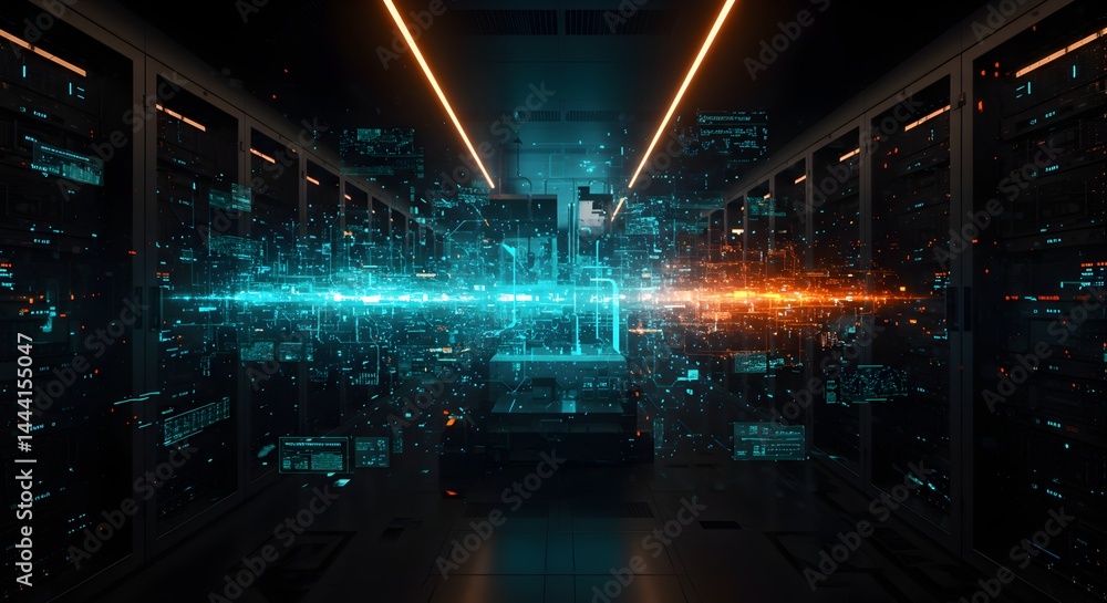 Poster abstract holographic data stream visualization futuristic server room with glowing digital particles