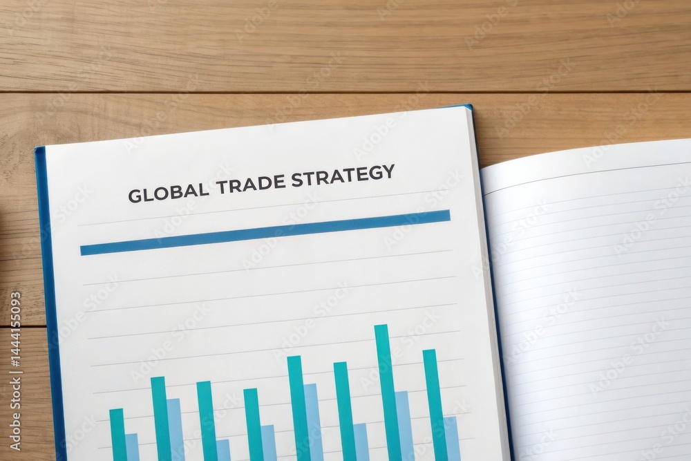 Poster global trade and regulation shape trade agreements concept. notebook displaying a global trade strat