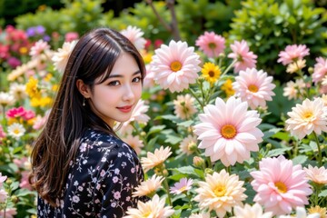 Naklejka premium Young Woman Among Colorful Flowers in Bright Outdoor Garden