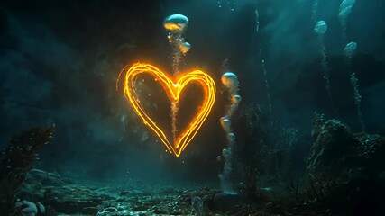 Glowing heart under the sea displaying underwater love and hope footage