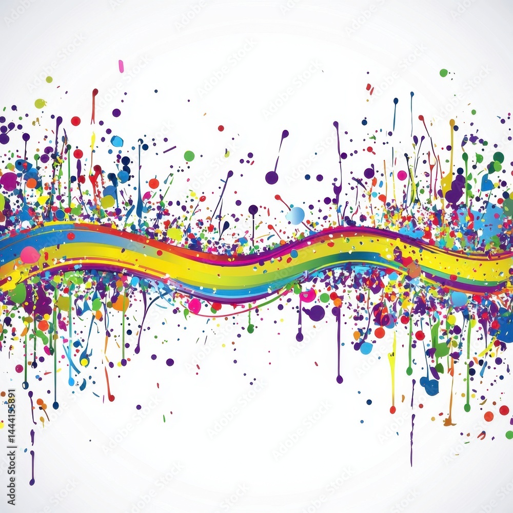 Poster bright colorful abstract splatter painting with vibrant paint drips and wavy lines on white backgrou