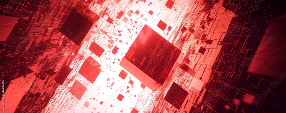 Poster abstract red digital technology background with floating geometric shapes and patterns.