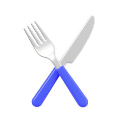 Crossed Fork and Knife with Blue Handles 3D Rendered Cutlery Icon