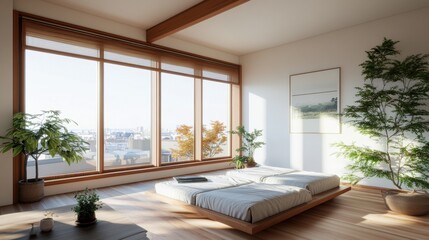 Fototapeta premium Sunlit Minimalist Bedroom Design Featu Floor-to-Ceiling with City Views, Low Platform Bed, Potted Plants, and a Serene Atmosphere