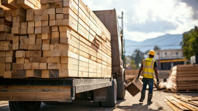 Workers unloading a lumber delivery at a building site