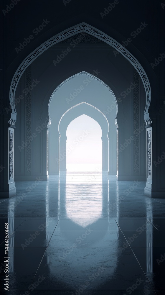 Poster an ethereal passage with intricate arches, creating a serene atmosphere and depth.