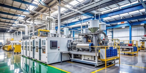 Fototapeta premium Industrial machinery in a factory setting with large extrusion machine producing plastic products, industrial equipment, production facility