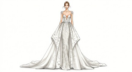 Wedding Dress Couture Drawing Isolated on White
Hand-drawn couture wedding gown sketch, perfect for luxury branding and transparent applications, front and slight side perspective