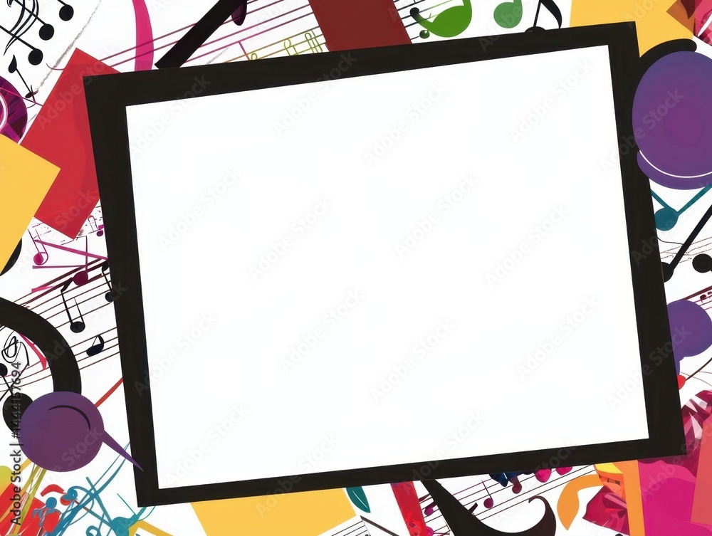 Poster vibrant music themed background with colorful musical notes abstract shapes and a large empty photo 