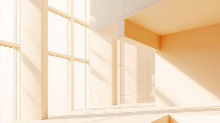 Bright interior with large windows showcasing warm tones and soft natural light.