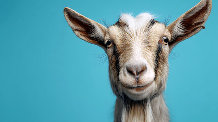 Fototapeta premium Close-up of a smiling goat against a vibrant blue background, showcasing its playful demeanor