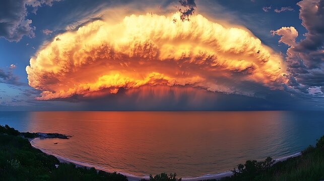 Dramatic sunset storm over the sea, panoramic view of a massive cloud, breathtaking scene