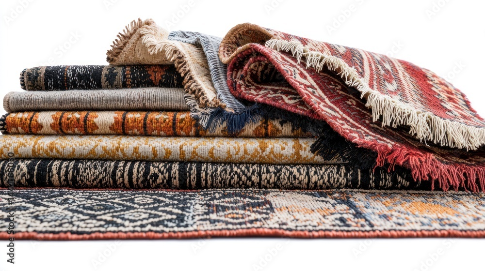 Poster collection of woven rugs in different patterns arranged on a white background