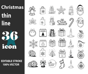 Christmas icons, thin line drawings, black and white, minimalist style, holiday symbols, angel, gift box, Santa Claus, candy cane, snowflake, Christmas tree, ornaments, gingerbread man, bells, stockin