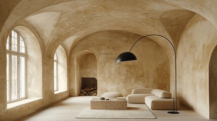 Beige-toned, spacious living room with arched ceilings and large windows