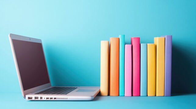 A silver laptop elegantly placed beside a vibrant array of colored books against a serene light blue background in a stylish contemporary setting.