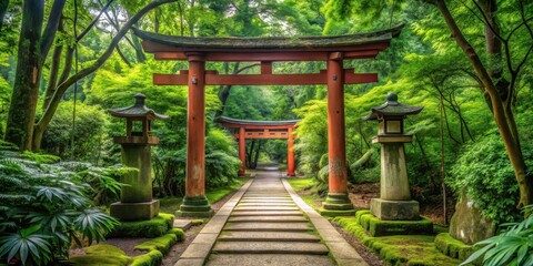 Serene Japanese temple grounds with intricately designed torii gates and overgrown verdant foliage, peaceful scenery, torii gates