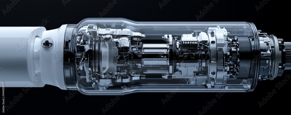 Poster close-up of a modern, transparent engine component showcasing intricate mechanics.