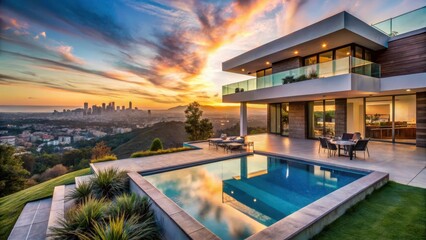 Fototapeta premium Elegant Luxury custom built house with a spacious backyard and infinity pool overlooking the Los Angeles skyline at sunset, hollywood hills, luxury living