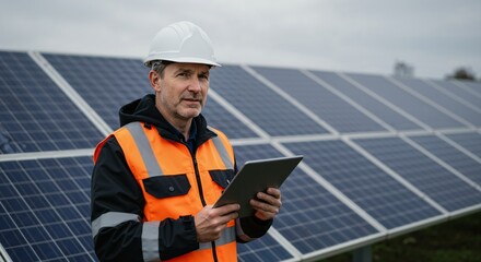 Middle-aged Caucasian man in hard hat and safety vest holding a tablet while standing in front of a large solar panel array on a cloudy day, inspecting the renewable energy farm.