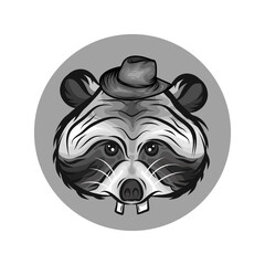 Cute Cartoon Raccoon Portrait Wearing Hat in Circular Monochrome Design
