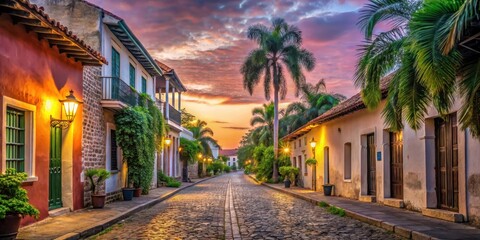 Fototapeta premium Historic cobblestone street lined with colonial-era buildings and lush greenery in a serene setting at dawn, nature, Dominican Republic