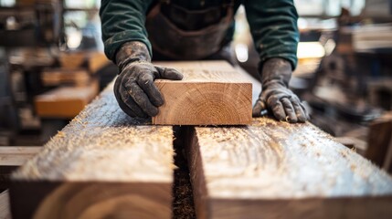 A lumber industry worker inspecting freshly cut timber