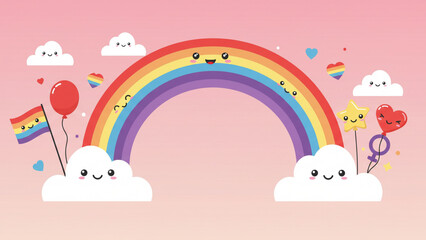 Cute Cartoon Rainbow with Smiling Clouds and Hearts Illustration