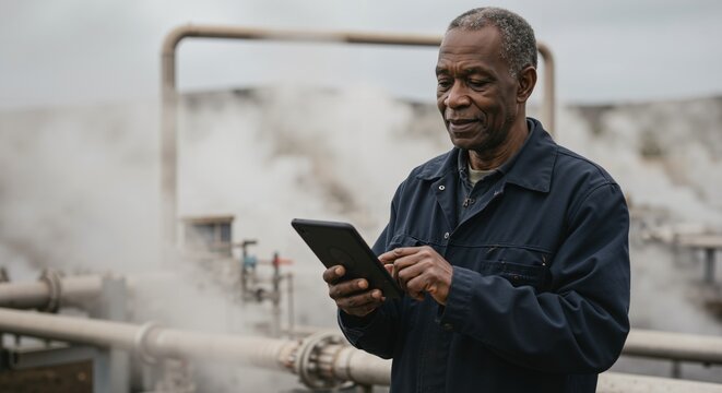 An older Black man in a work uniform uses a digital tablet outdoors at an industrial site with pipes and steam, likely performing an inspection or monitoring tasks.