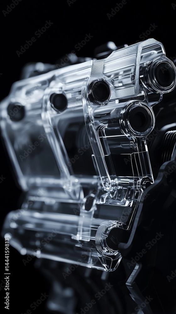 Poster close-up of a transparent engine component showcasing intricate details.