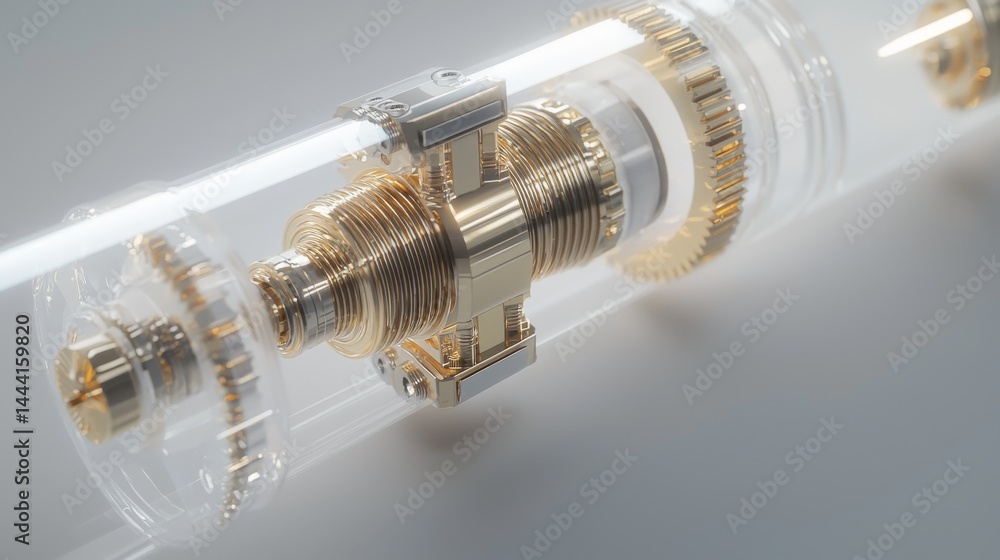 Poster close-up of a transparent mechanical device with metallic components and gears.