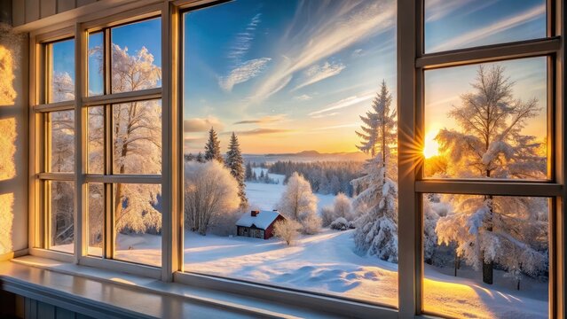 A serene winter landscape with snow-covered buildings and trees in the background, as the sun casts a warm glow on a frosty windowpane , trees, winter landscape