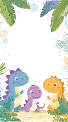 Adorable cartoon dinosaurs with colorful leaves and plants in a tropical jungle setting, playful and cute prehistoric creatures for children's illustrations